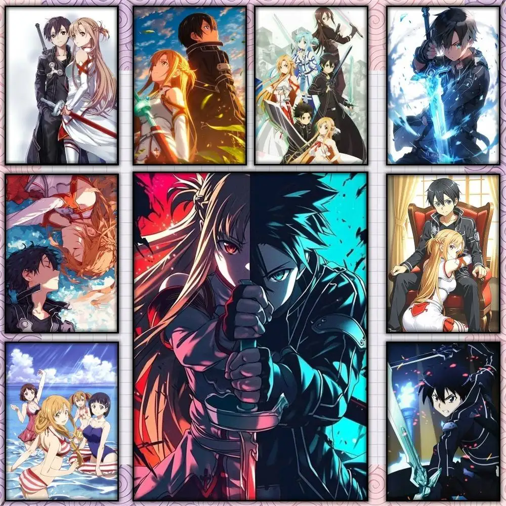 Kirito SAO Anime S-Sword Art O-Online Poster Self-adhesive Art Waterproof Paper Sticker Coffee House Bar Room Wall Decor