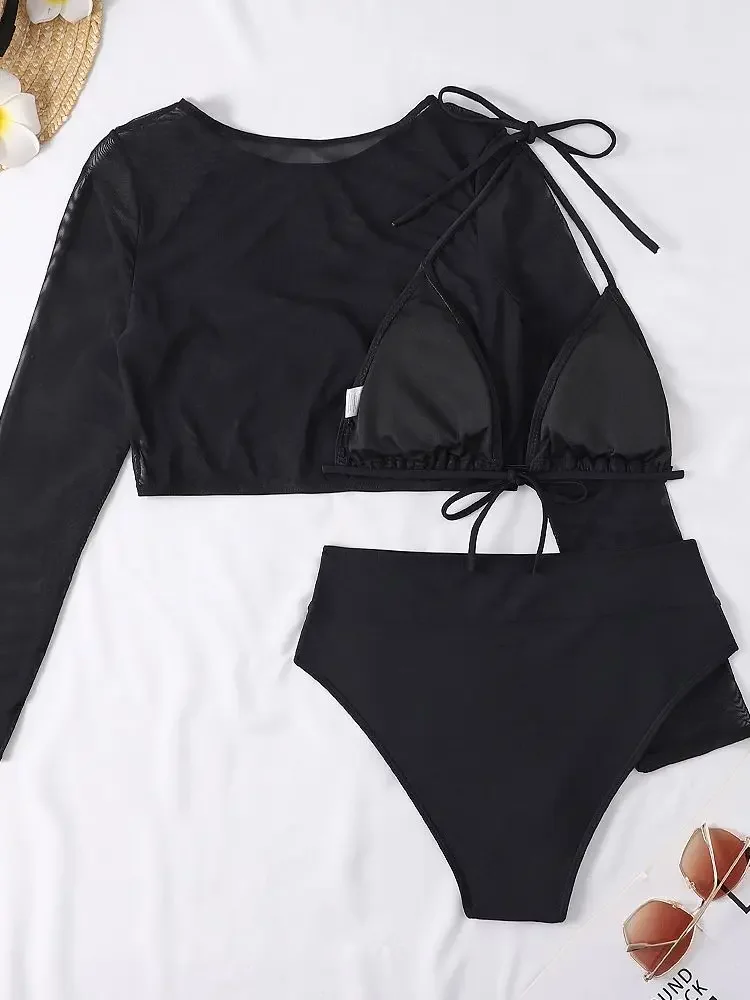 Summer Women Triangle Three-Piece Suit Sexy High Waisted Bikini Set Bandage Push-Up Swimsuit Bathing Long Sleeve Beach Holiday