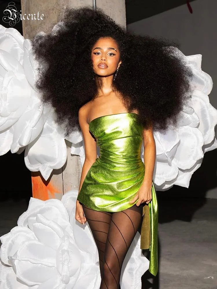 

VC Glamorous Strapless Shiny Lime Green Mini Dress for a Fashion-Forward Party Evening Gown