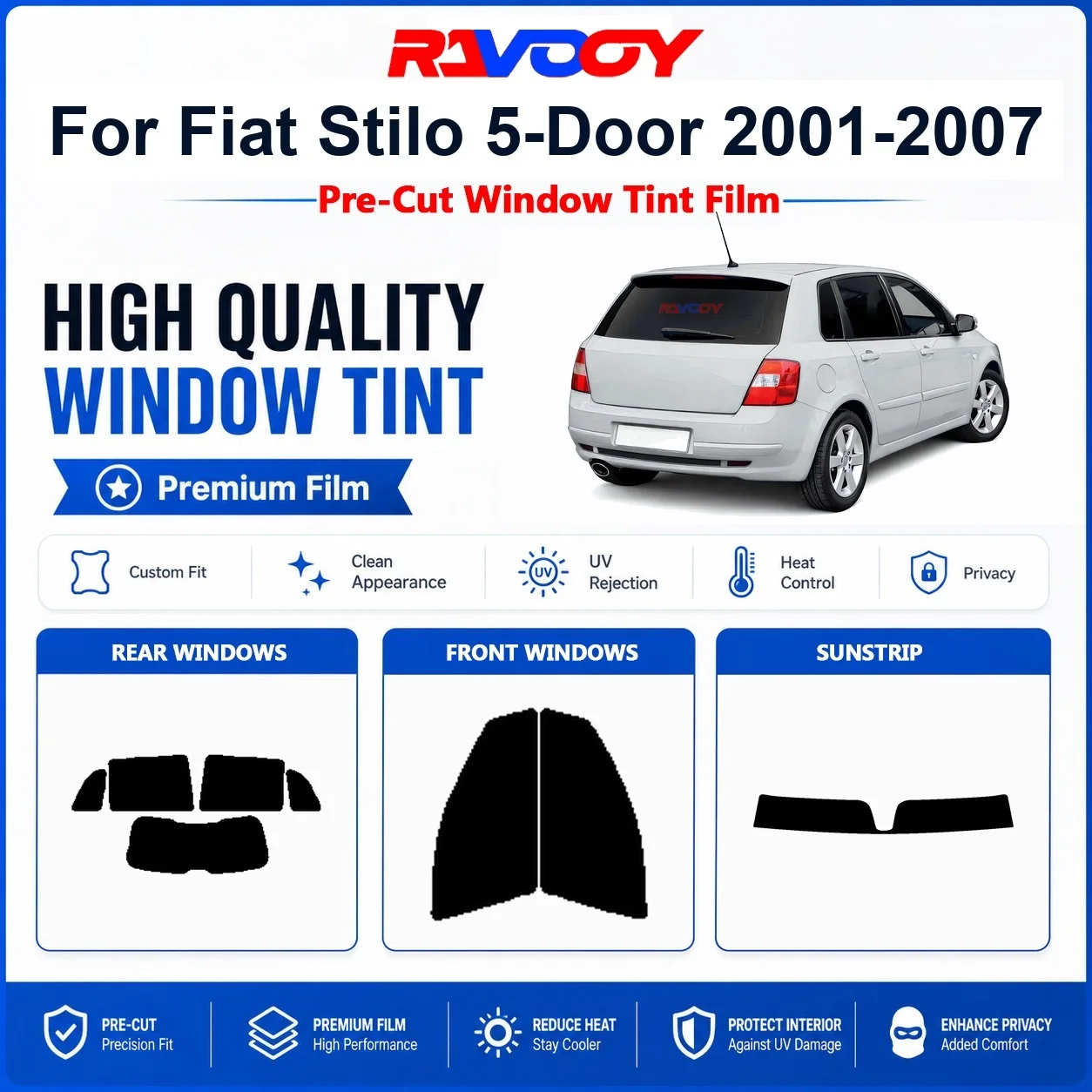 Premium Pre-Cut Window Tint For Fiat Stilo 5-Door 2001-2007 Front & Rear Windows UV Heat Rejection Privacy Film