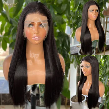 Yysoo 2 # ארוך משי ישר שחור צבע סינתטי פאות תחרה נשים חום עמיד חום יפן יפן שיער כל יד קשור פאה