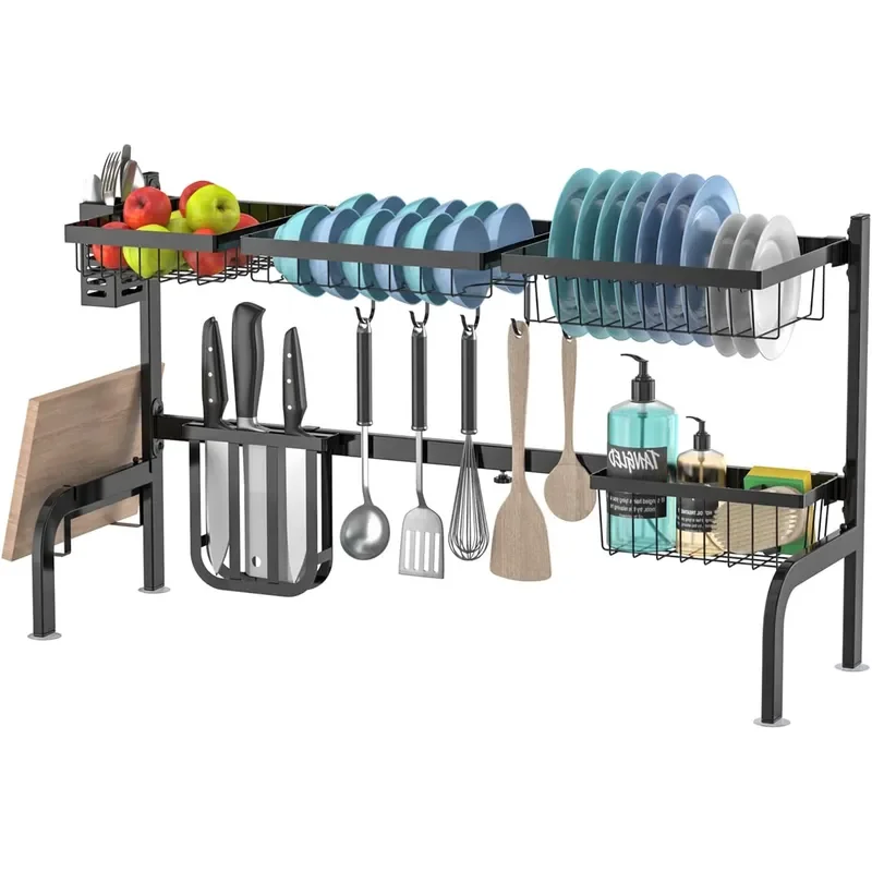 Over Sink Dish Drying Rack 21-39 Length Adjustable 2-Tier Dish Drainer for Kitchen Counter Storage with 4 Baskets and 8 Hooks