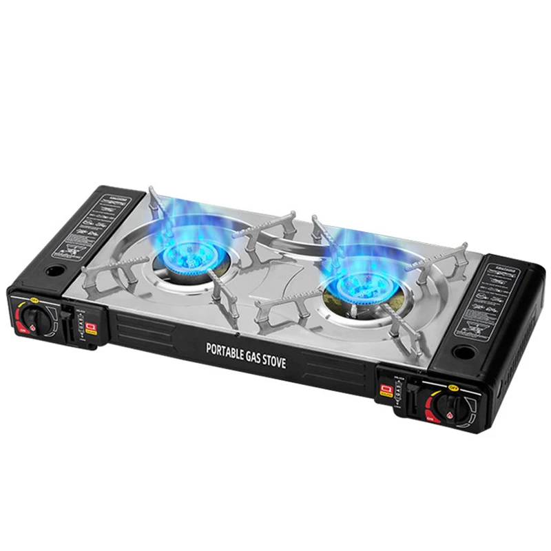 C009 Venta al por mayor de cocina, estufa de gas portátil para acampar al aire libre, 2 quemadores
