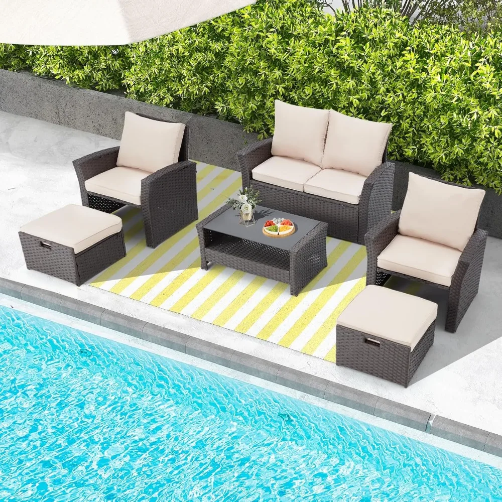 6-teiliges Terrassenmöbel-Set, Sofagarnitur aus Rattan für den Außenbereich mit Ottomane und Aufbewahrungstisch für den Außenbereich (Khaki)