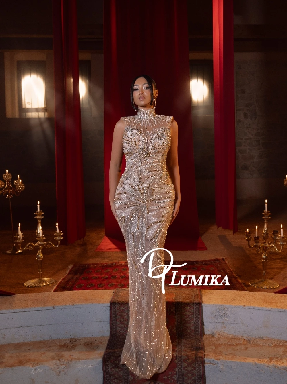 

2026 Modern High Neck Evening Dress Dazzling Bodycon Rhinestones Customized Prom Gown Sexy Chic Banquet Party Cocktail Wear