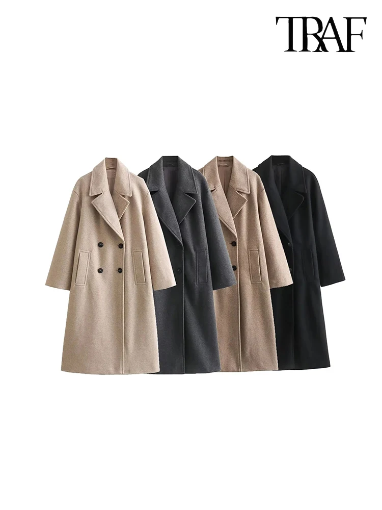 TRAF Women's Versatile Lapel Double Breasted Coat Casual Solid Colour Long Sleeve Commuter Coat