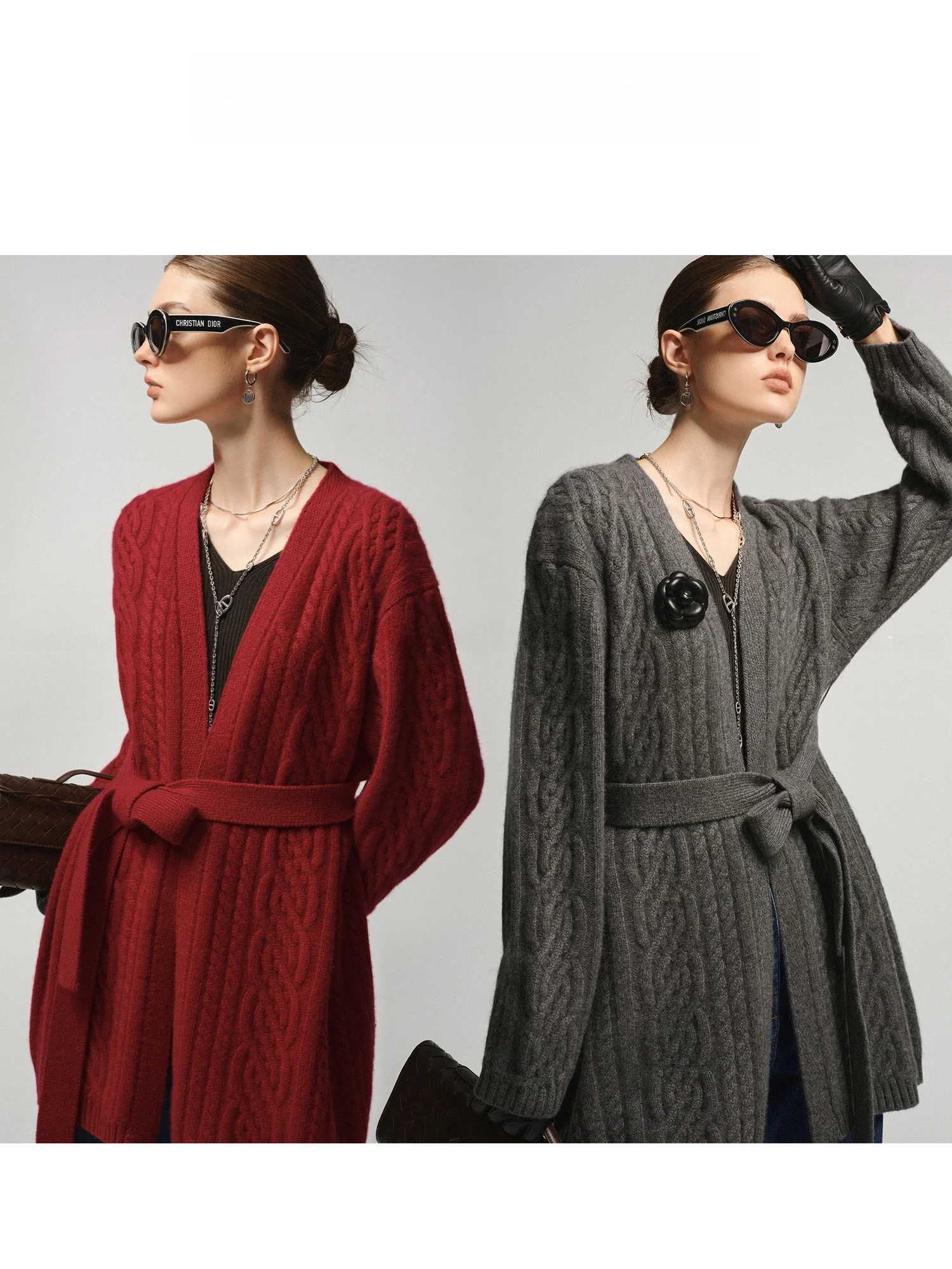 

Blancwing Lazy Casual Double Knit Long eep Camere Sweater Loose V-Ne Zipper Closure Pure Color Commute Sle Women's Sw...