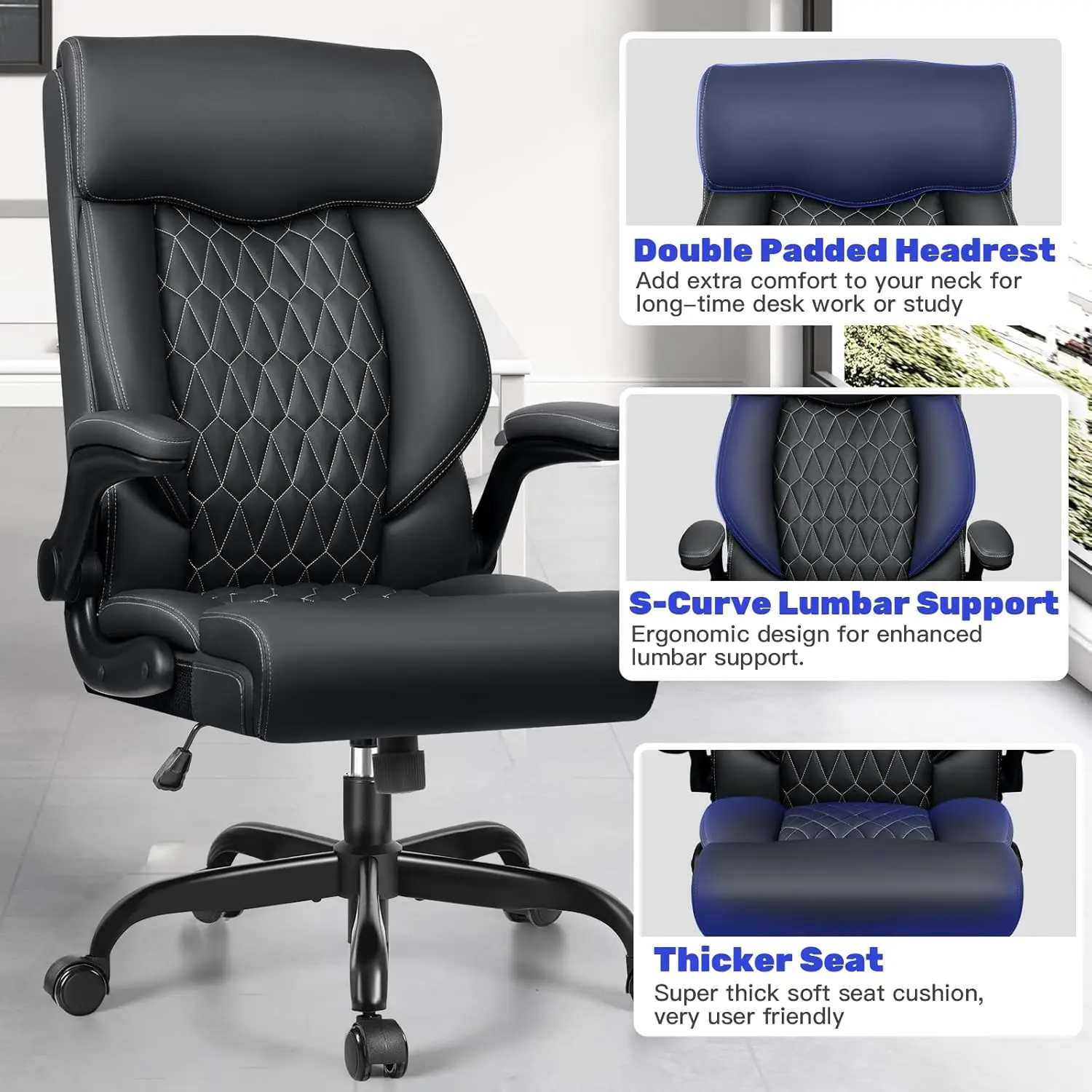 Chair, High Back Executive Office Chair Ergonomic Computer Desk Chair with Rocking Function, Leather Managerial Office Ch