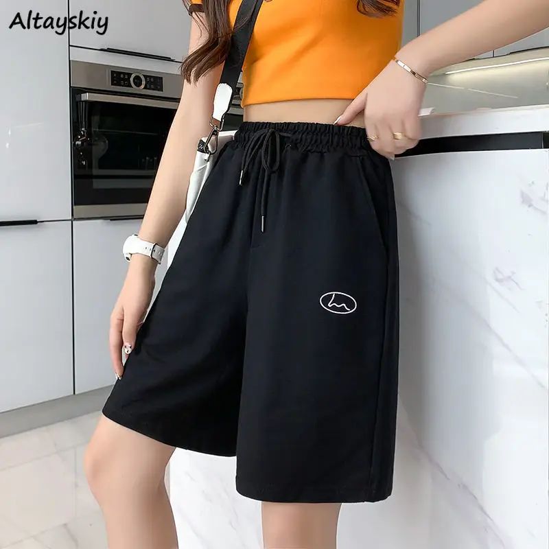 Women Shorts Drawstring Quick-dry Wide Leg Knee Length Trousers Loose BF Couples High Waist All-match M-5XL Retro Stretchy Cozy