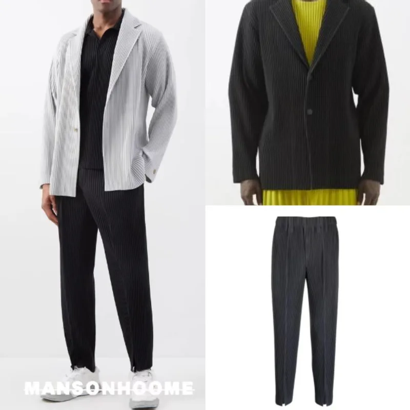 

Miyake плиссированный костюм, мужской однотонный деловой повседневный пиджак + прямые брюки с разрезом спереди, нишевая мужская одежда для джентльменов