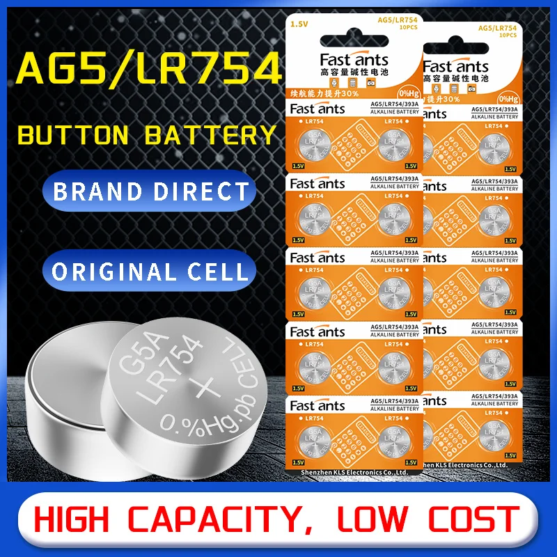 LR754 AG5 LR48 L754L 193 393 SR48 SR754 1.5V Alkaline Button Coin Cell Battery Long Shelf Life for Hearing Aid Toys Holder