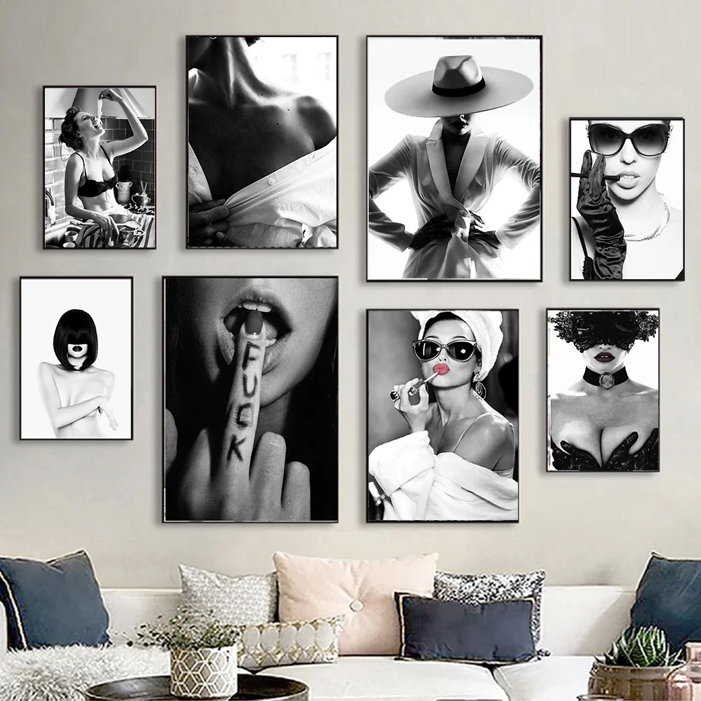 Modern Pop Wall Art Fashion Luxury Black and White Woman Sexy Girl HD Canvas Print Poster Home Living Room Bedroom Decoration