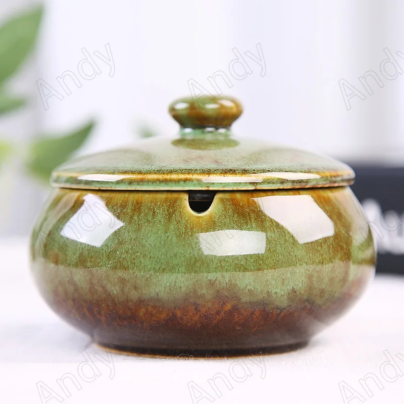 European Ceramic Ashtray with Lid Creative Kiln Change Glaze Decorative Desktop Ashtrays Living Room Retro Ash Tray Ornaments