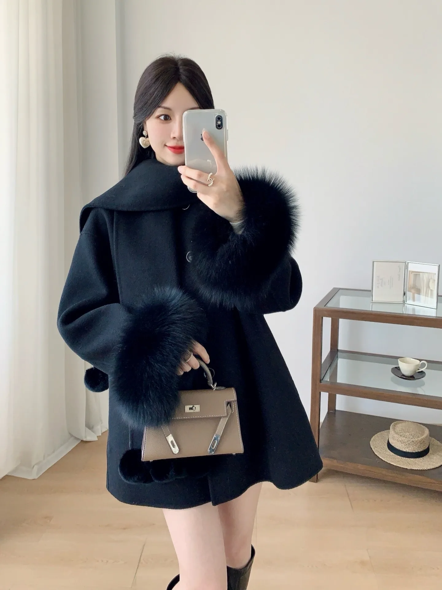 Fox wool double-sided woolen coat, rabbit scarf, elegant cashmere fur coat for young women