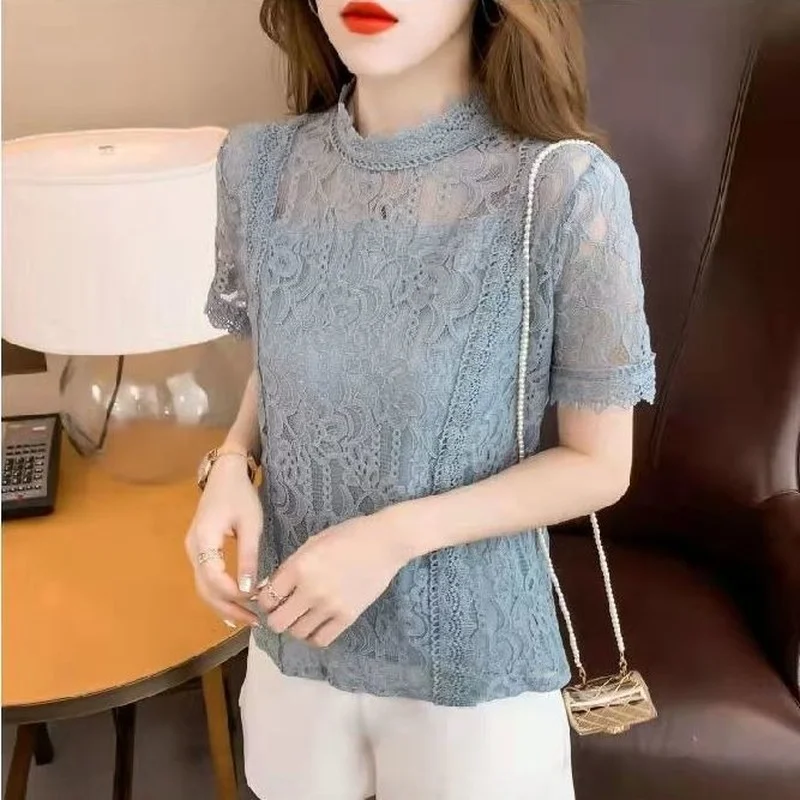 Lace Blouses Women Elegant Design Daily All-match Stylish Stand Collar Summer Breathable Korean Style Female Simple Pure Basic