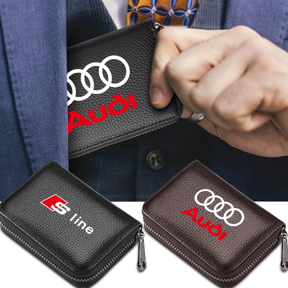 

Car Interior Credit Card Holder Bank Card Pocket Leather Zipper Card Cash Storage Clip ID Card Pouch Organizer for AUDI SLINE