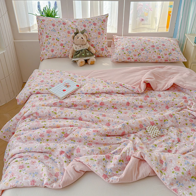 Double-layer Gauze Summer Duvet Single/Queen Size Quilted Bedspread Flower Printed Air Condition Comforter edredones para cama