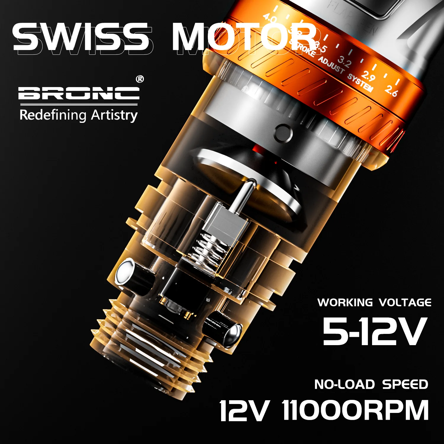 BRONC Brand Wireless Tattoo Machine 2.5-4.3MM Adjustable Stroke 2100mAh Battery DC Swiss Motor 6.18mNM Nominal Torque Tattoo Pen
