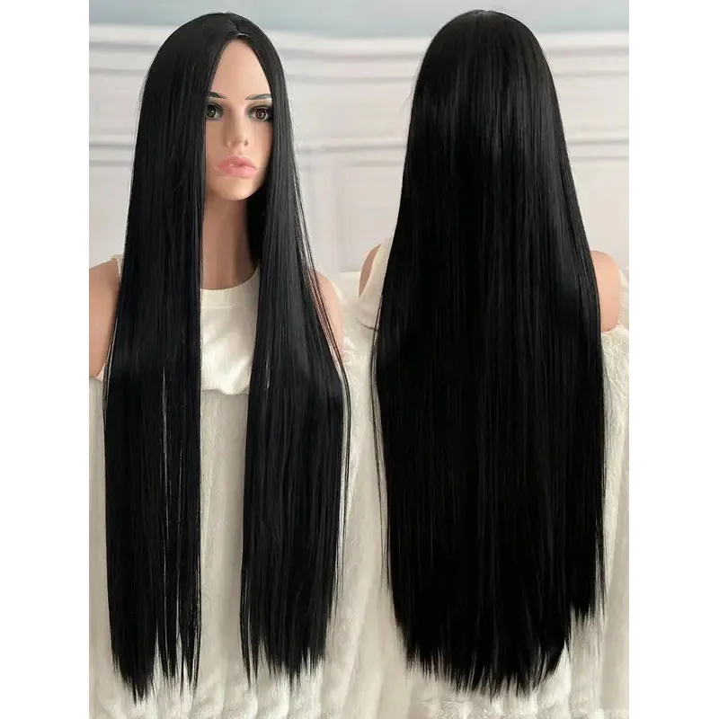 FC6woman's black super long 40Inch synthetic wig with long straight hair the middle is suitable for Halloween party cosplay@FC8！