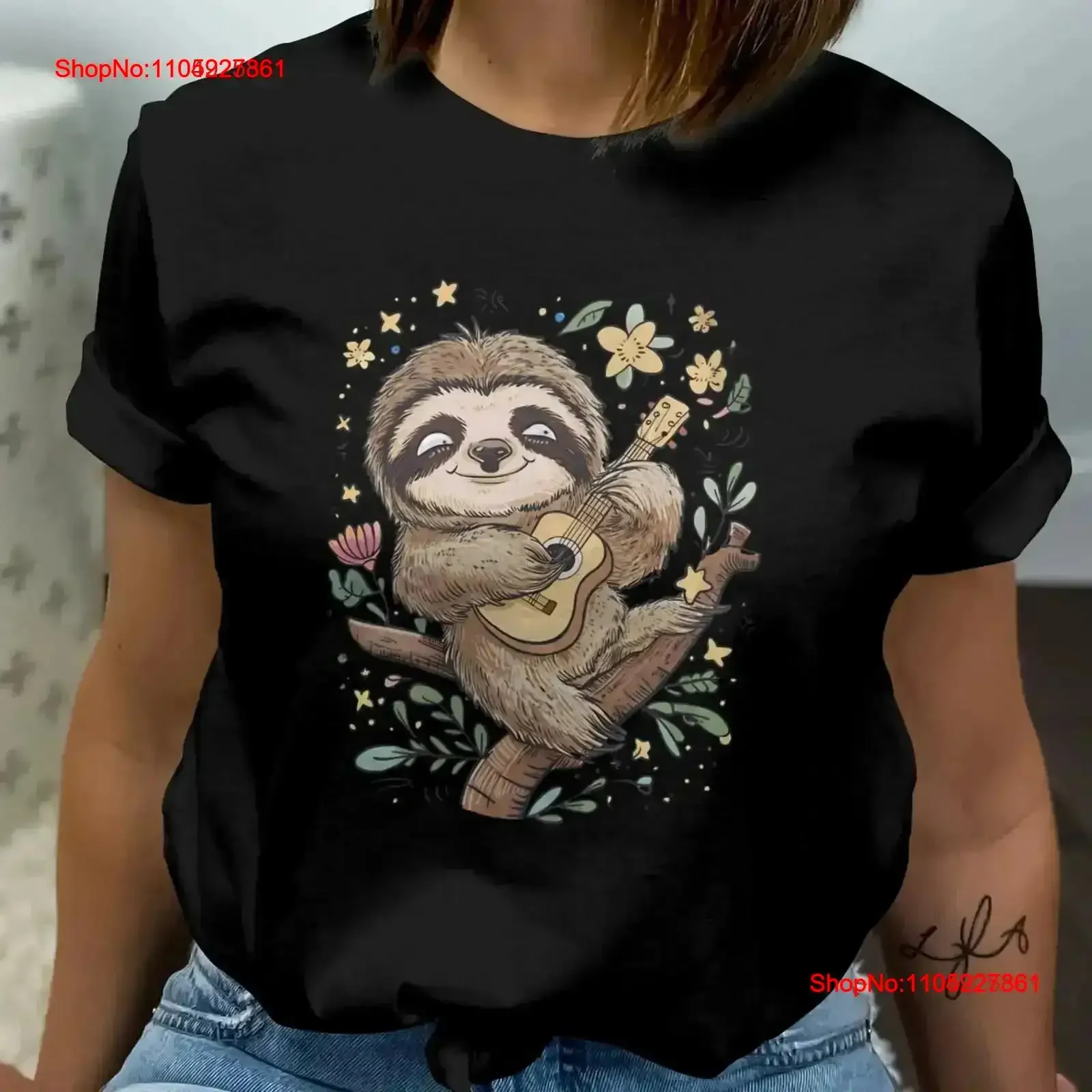 لطيف الكسل العزف على الجيتار تي شيرت متعة الحيوان رائعتين التوضيح الموسيقى عاشق غريب الأطوار الفن خمر غسلها امتدت عادية #1