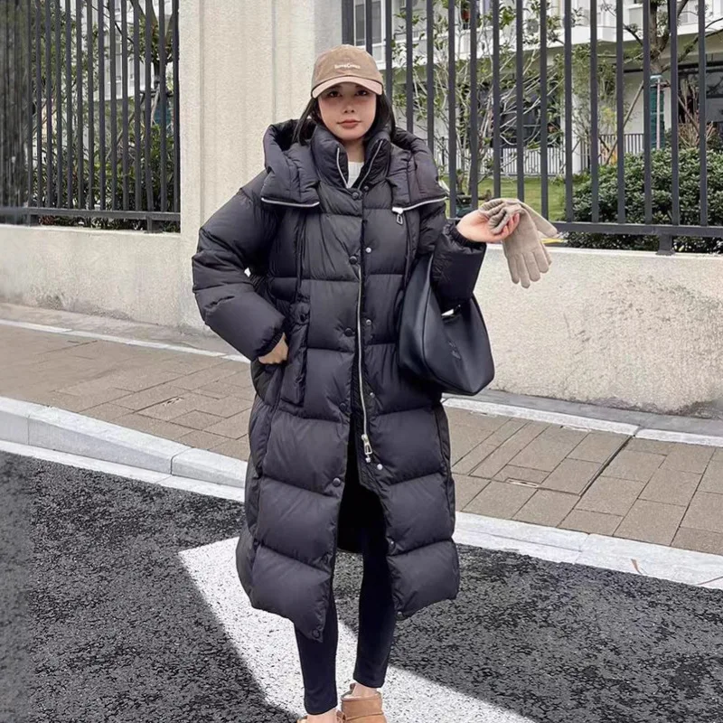 Winter Thicken Long Hooded Down Jacket Women White Duck Down Parker Knee Length Jackets Female Warm Zipper Waterproof Outwears