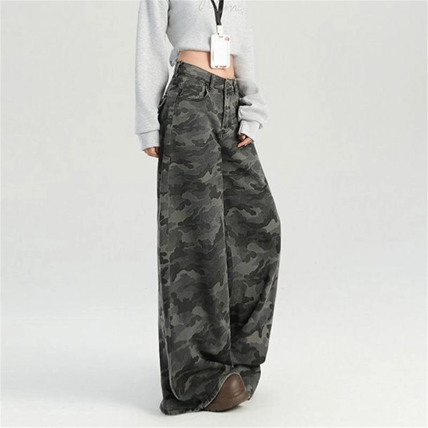 Y2K Women's Camouflage Print Jeans Fashionable Baggy Wide Leg Pants High Waist Loose Fit Streetwear Trousers