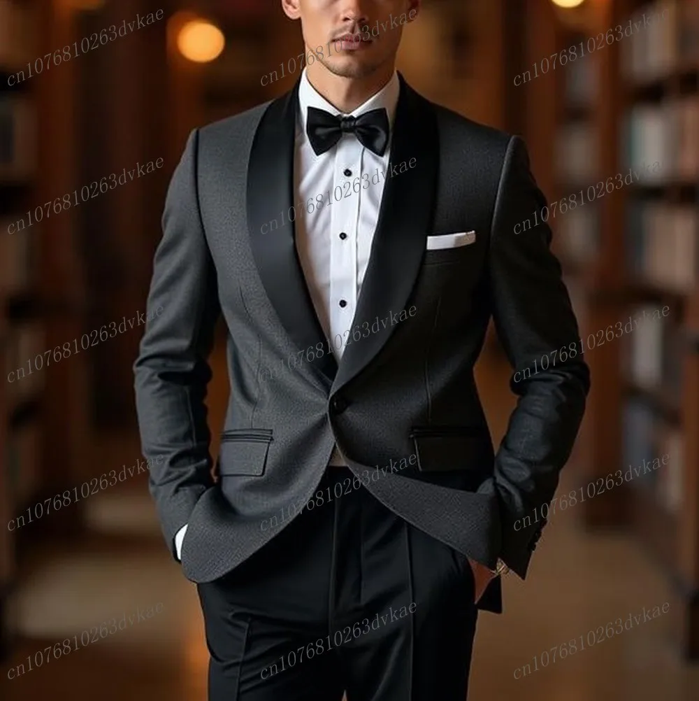 

New Dark Grey And Black Male Business Men Suit Groom Groomsman Wedding Party Prom Formal Tuxedos 2 Piece Set Blazer Pants