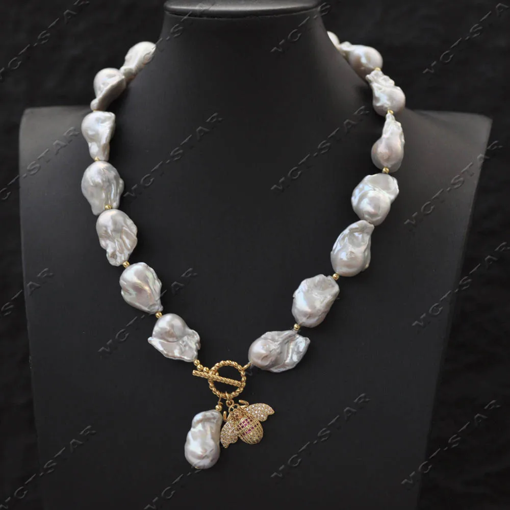MTCSTAR Z14501 17'' 24mm White Baroque Keshi Reborn Pearl Necklace Pendant Insect