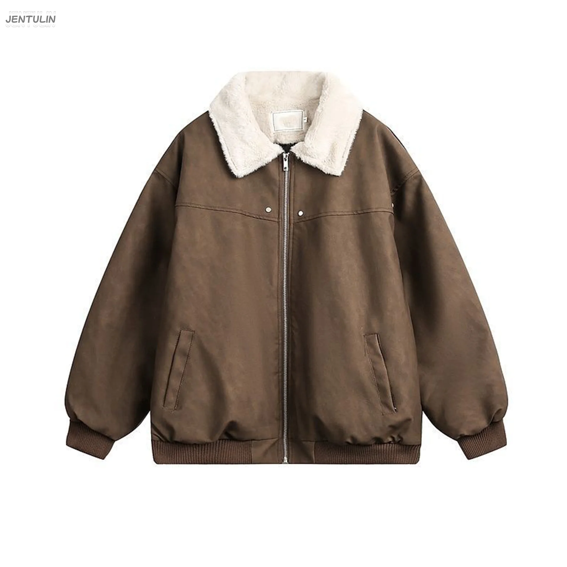 Faux Leather Bomber Jacket Shearling Lapel Collar Zip Up Warm Winter Oversized Streetwear Rib Hem Casual Outer Coat Men Woman