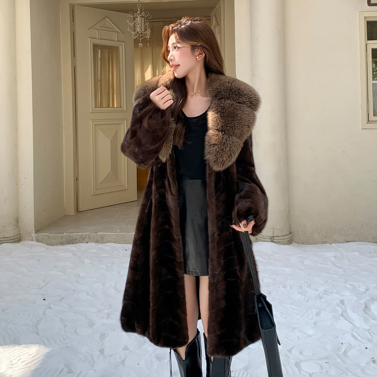 Hot Selling Real Mink Fur Coat Women Fashion New Winter With Fox Fur Collar High-quality Mink Fur Coat Long Real Fur Coat
