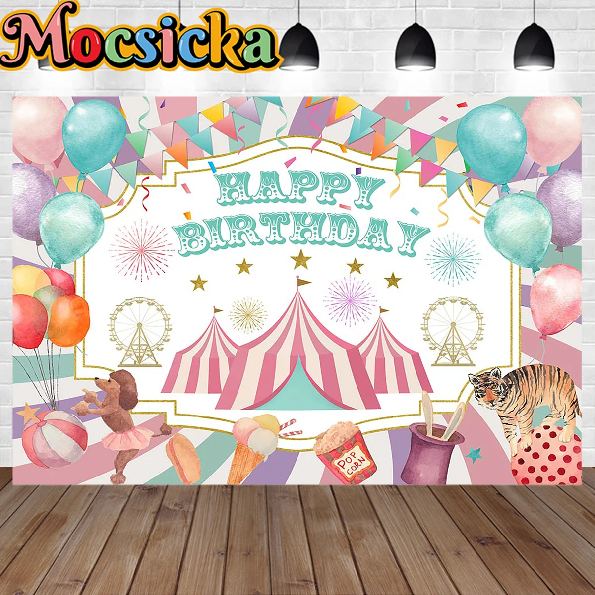 Pink Circus Theme Birthday Party Photography Backdrop Banner Balloon Fireworks Tent Decoration Background Poster Gir Baby Shower