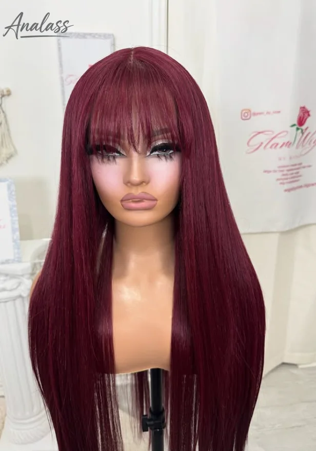 99J Burgundy Red Bone Straight Lace Front Wig With Bangs 13x4 HD Pre Plucked Glueless Synthetic