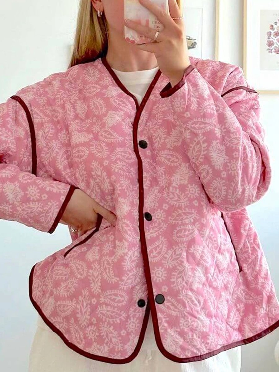 Chaqueta acolchada con estampado Floral para mujer, abrigo cálido de manga larga con cuello en V, Parkas informales ligeras con botones para invierno