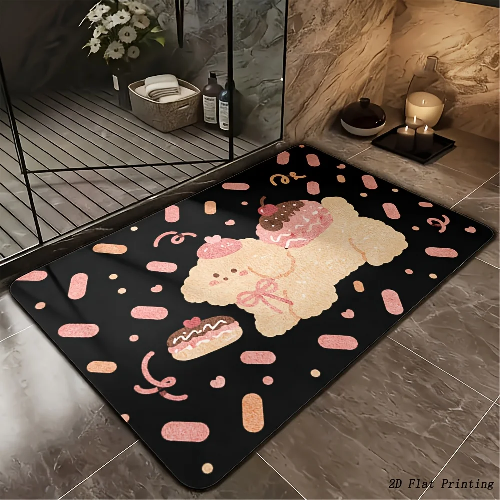 Cute Poodle Dog Door Mat, Pink Bow & Sprinkles Pattern, Black Bathroom Rug, Non-slip Entrance Floor Mat, Kawaii Pet Home Decor