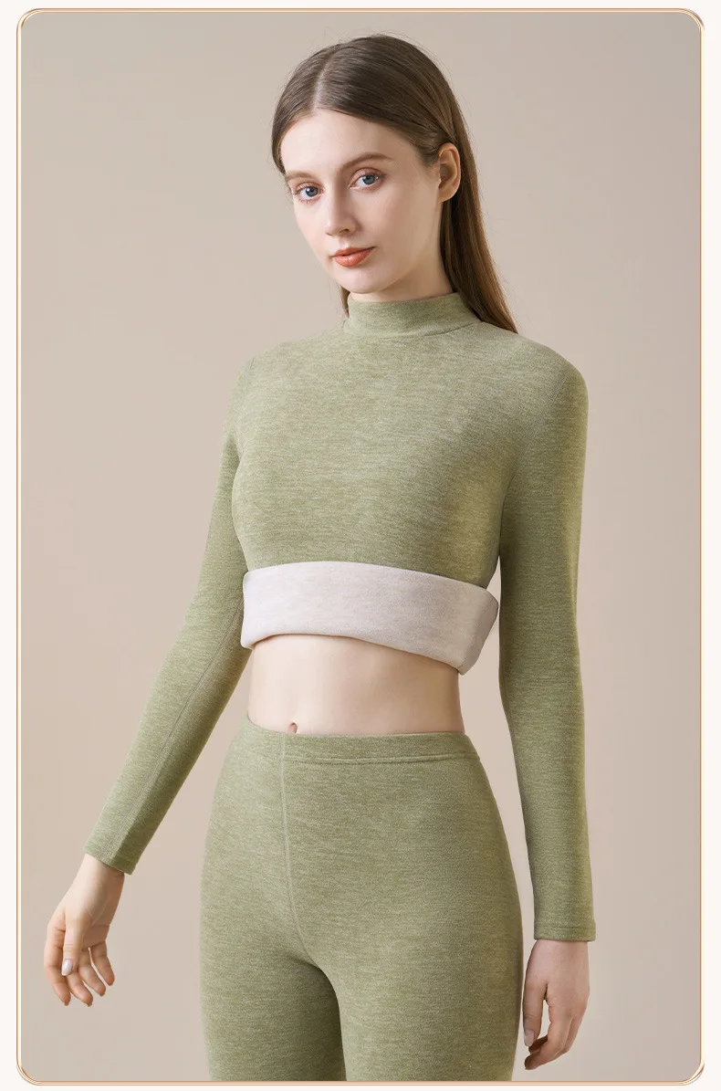 Damen-Thermo-Unterwäsche aus Kaschmirseide, Thermoshirts, warme Hosen, verdickte, einfarbige, halbrollkragenartige Oberteile, langärmlige Winterkleidung. – Detail 9