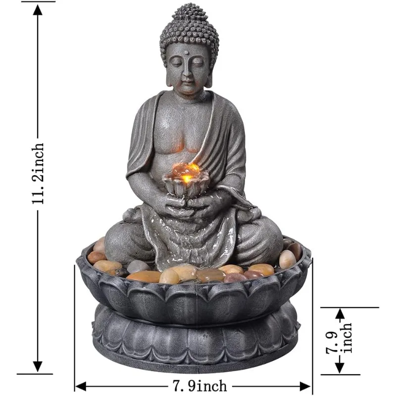 11.2 in Tall Indoor Décor Tabletop Buddha Fountains Desk Water Fountain Sitting Buddha Fountain Zen Fountain w/Reflective