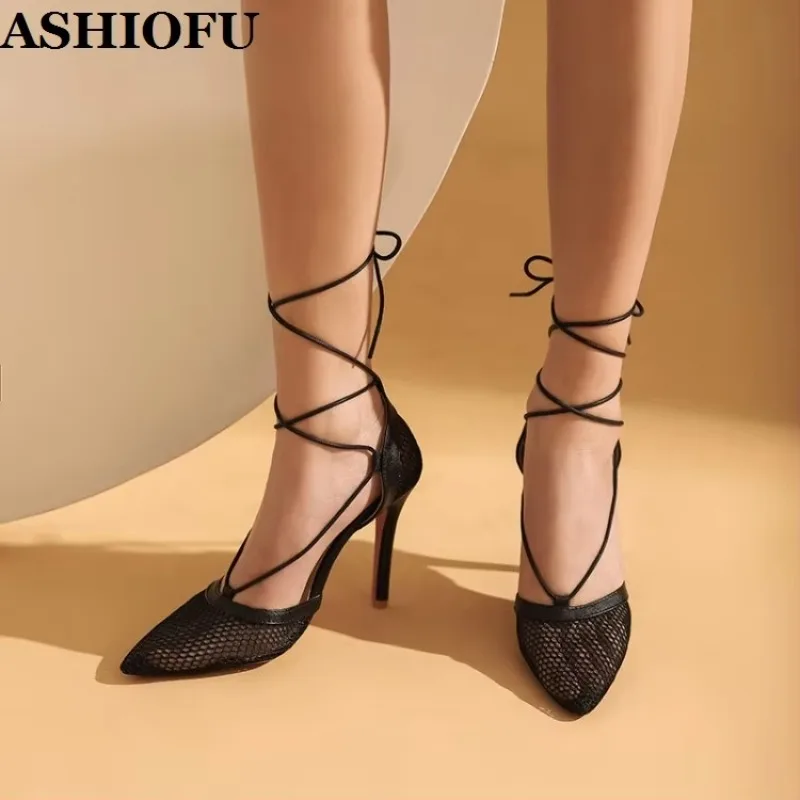 ASHIOFU New Hot Ladies 10cm High Heels Sandals Shoelace Pointy Party Prom Dress Shoes Stiletto Real-pics Fashion Evening Shoes