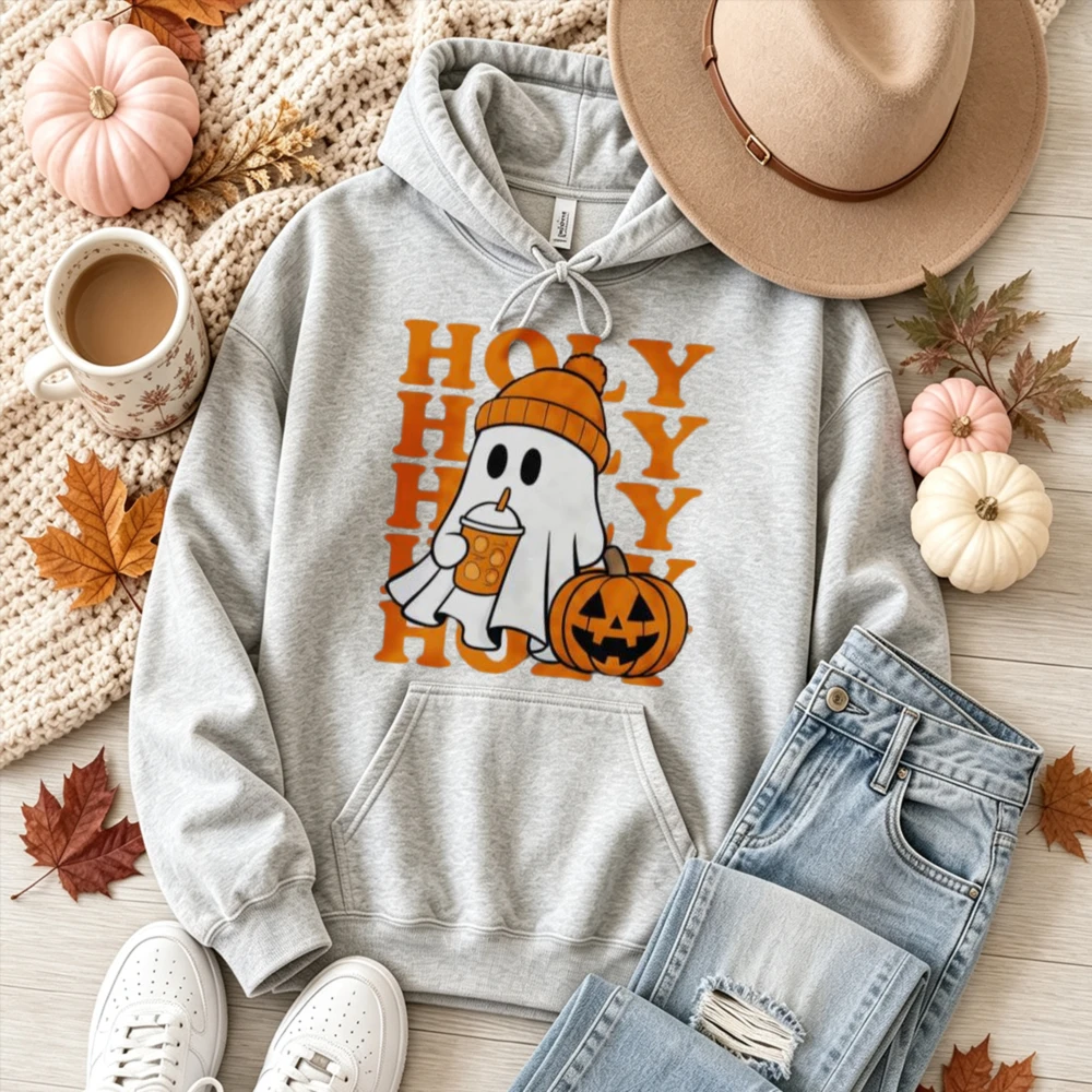 Holy Cute Ghost Pumpkin Spice Latte Graphic Hoodie Unisex Hooded Sweatshirt Halloween Fall Season Long Sleeve Casual Pullover