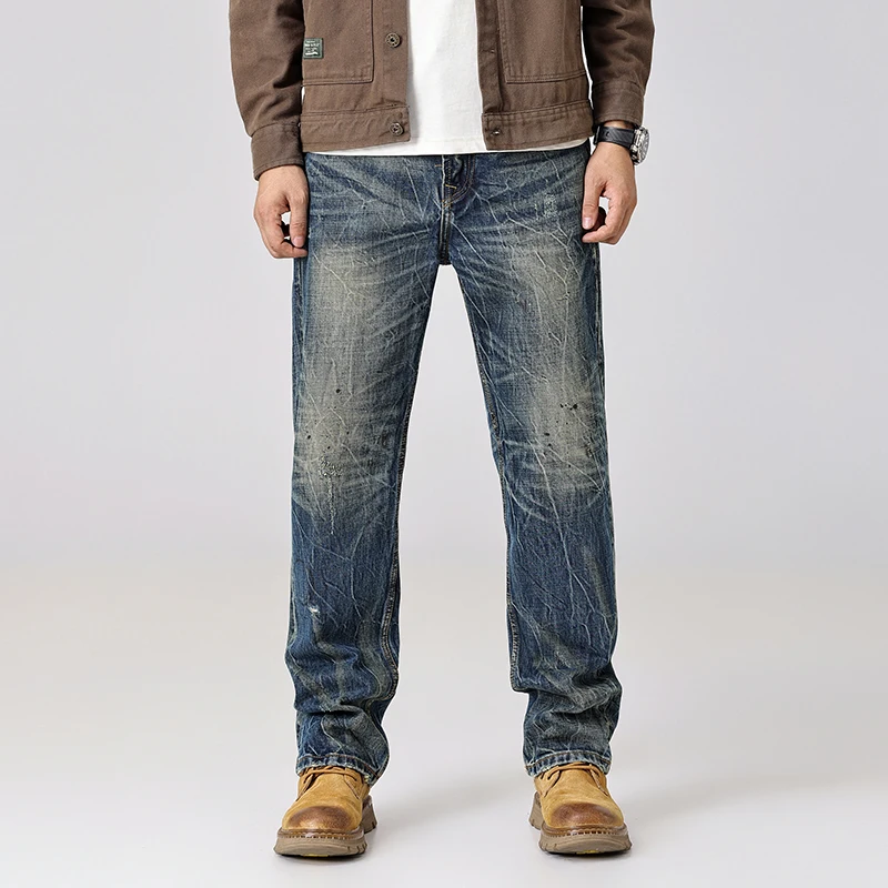 

Американские винтажные мужские осенние потертые рваные джинсы из 100% хлопка, свободные слегка зауженные модные лоскутные прямые брюки