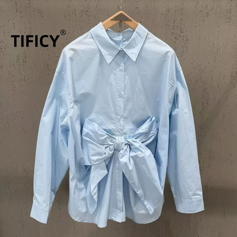 High Street Shirts Women's New Bow Tie Waist Cinched Shirt with Long Sleeves for Commuting and Loose Shirts Top on Both Sides