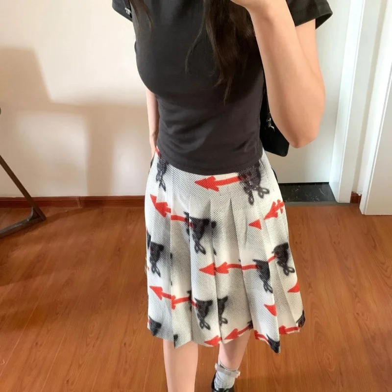 레트로 동물 프린트 루즈핏 미디 스커트 여성 2025 가을 신상 스트릿웨어 하이웨이스트 플리츠 캐주얼 A라인 스커트
