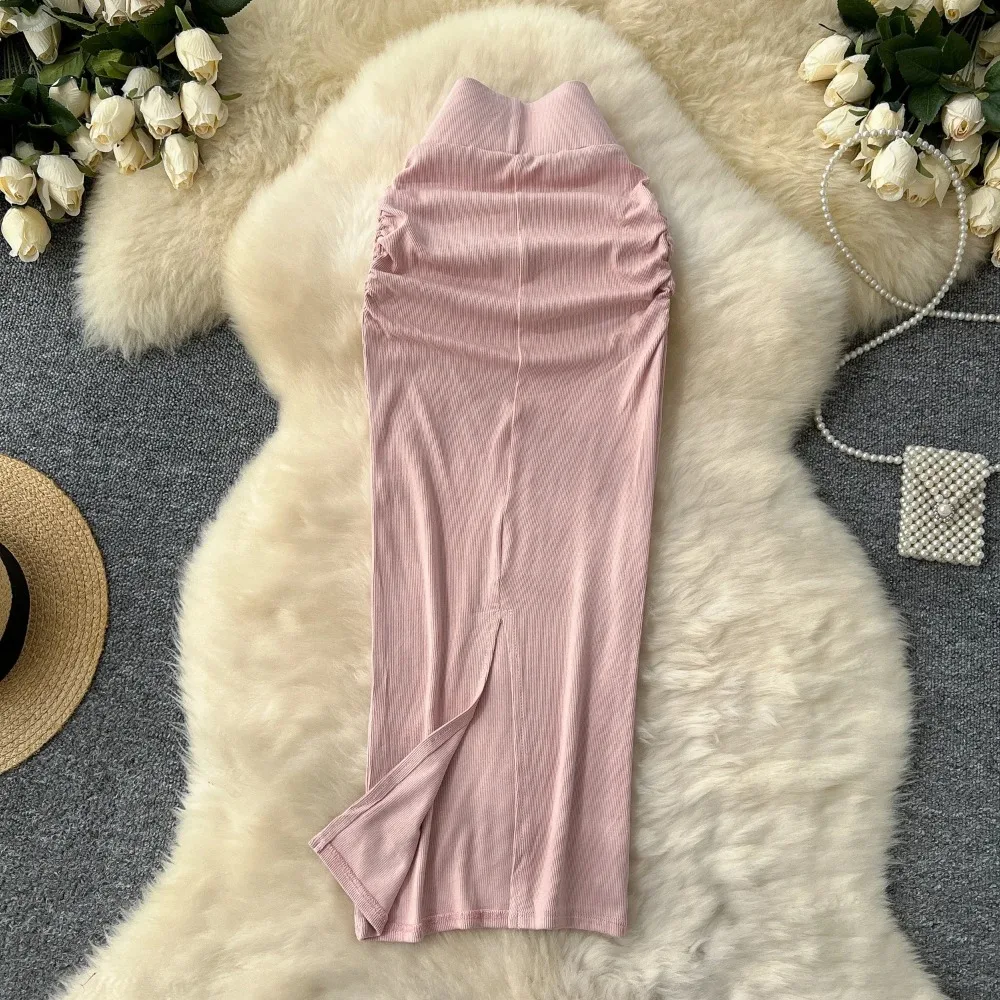 Casual Pleated Vintage High Waist Women Elegant Split Pencil Skirt Korean High Street Streetwear Fashion Office Autumn Clothing