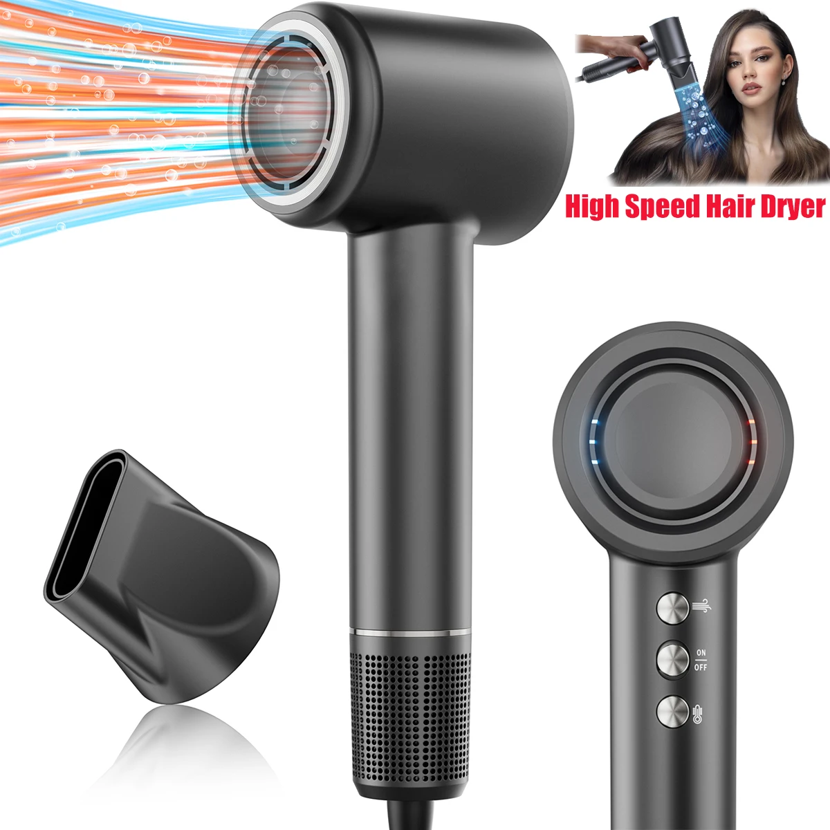 140,000 RPM High-Speed Ionic Hair Dryer with Diffuser, Frost Grey | 400 Million Negative Ions, Heat Control, Low-Noise, Fast Drying, Reduces Frizz, Compact Size, Ideal for Travel