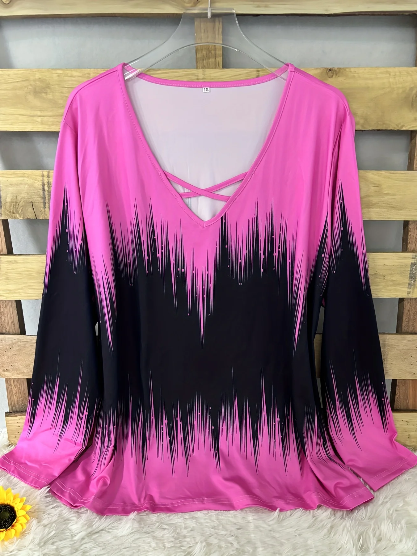 Plus Size Women Gradient Print T Shirt Criss Cross V Neck Long Sleeve Casual Fall Tee Tops