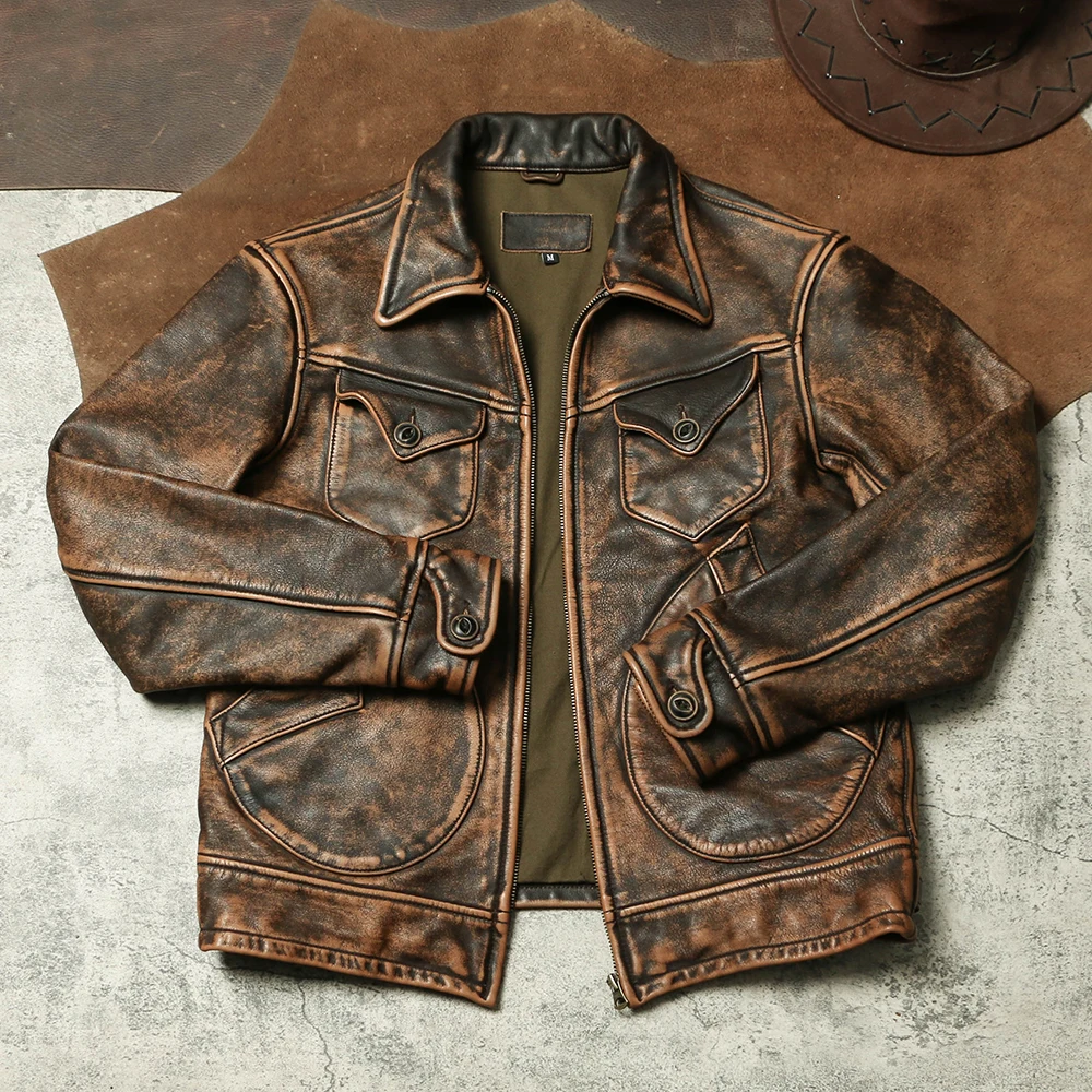 Tailor Brando Full Grain Washed Vegetable Tanned Tea Core Cowhide Heavy Handmade Aged Men's Vintage Mendoza Leather Jacket