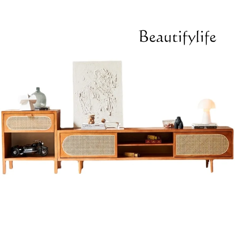 

Nordic Solid Wood TV Cabinet Rattan Audio-Visual Wall Cabinet Chest of Drawers Combination Modern Minimalist Storage Cabinet