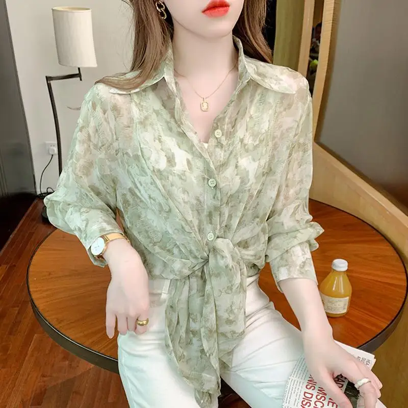 Summer Woman Clothes Long Sleeve Shirt French Romantic Fashion Style Loose Casual Tie Dye Thin Chiffon Blouse Breathable Trend