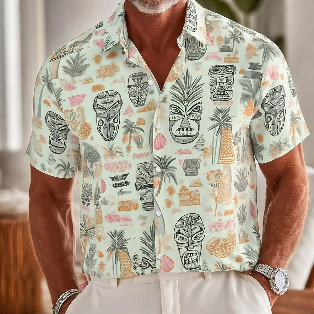 Men's Turndown Short Sleeve Coconut Tiki 3D Print Shirt, Tropical Hawaiian Beach Vacation Tops Blue White Green Spring Summer
