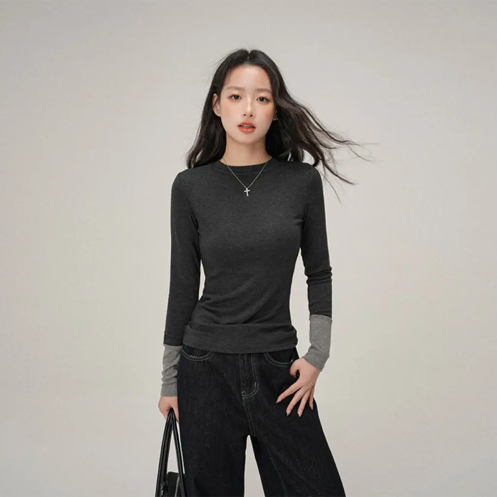 

Jiyou Women's Korean Style Contrast Color round Neck Long Sleeve T-shirt Soft Waxy Base Slim-fit Top for Autumn Winter
