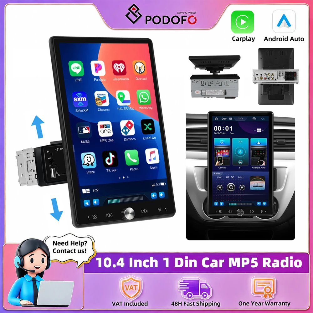 Podofo 1 Din 10.4" Autoradio Wireless Carplay Android Auto Lettore MP5 per Auto Mirror Link Headunit Lettore Multimediale Universale Touch Screen Sistemi Auto Intelligenti BT TF USB Autoradio Supporto